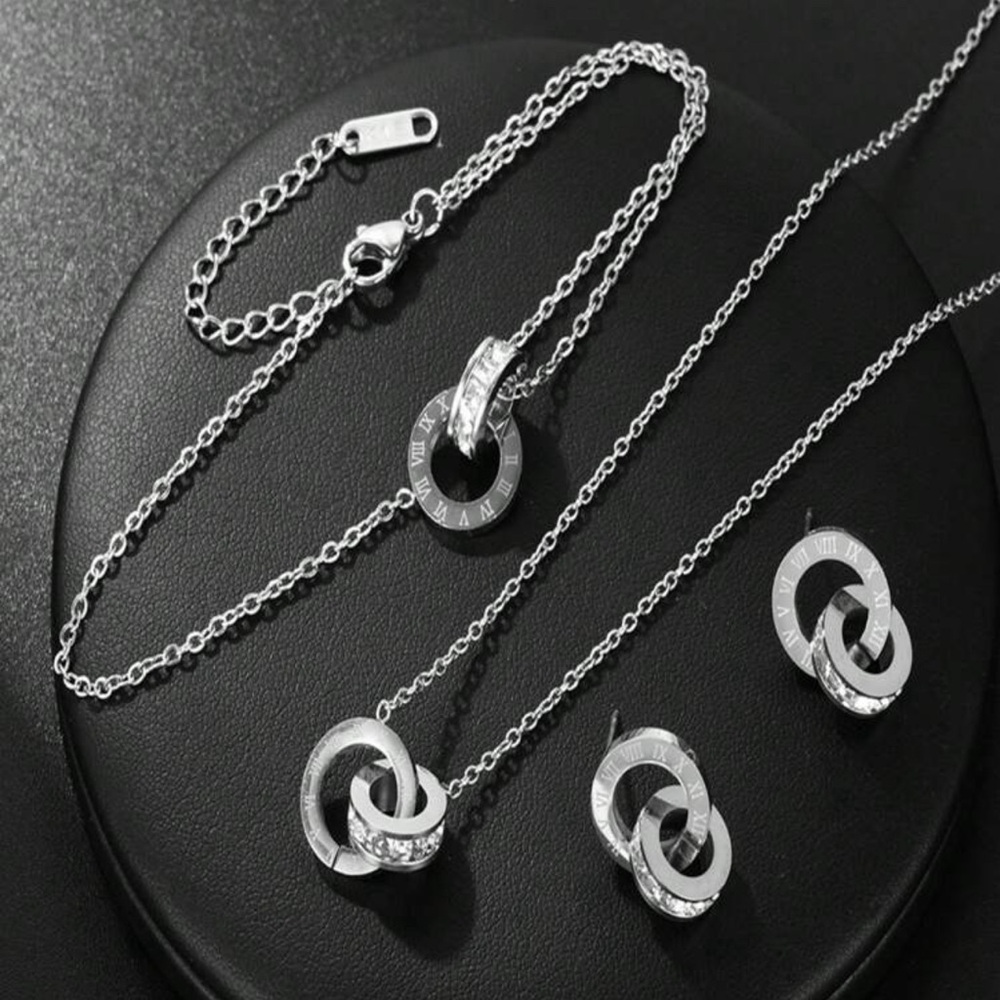 STAINLESS STEEL ROMAN NUMERAL 18K GOLD PLATED JEWELRY SET NECKLACE AND EARRING